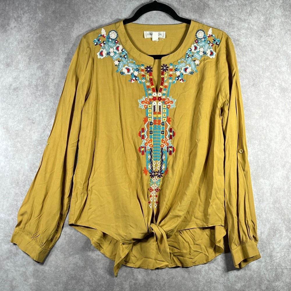 Luna Moon Top Womens Medium Yellow Floral Embroidered Long Sleeve Boho Festival